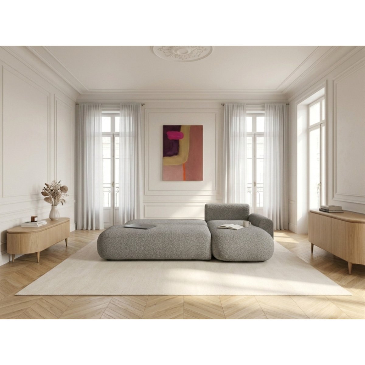 Canapé d'angle convertible 3 places en tissu bouclette, TANGO gris, BOBOCHIC