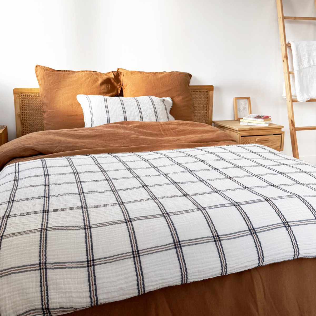 Housse d'édredon en gaze de coton tissée, SIMPLEMENT GAUFRÉ CARREAU bleu jean, BLANC CERISE