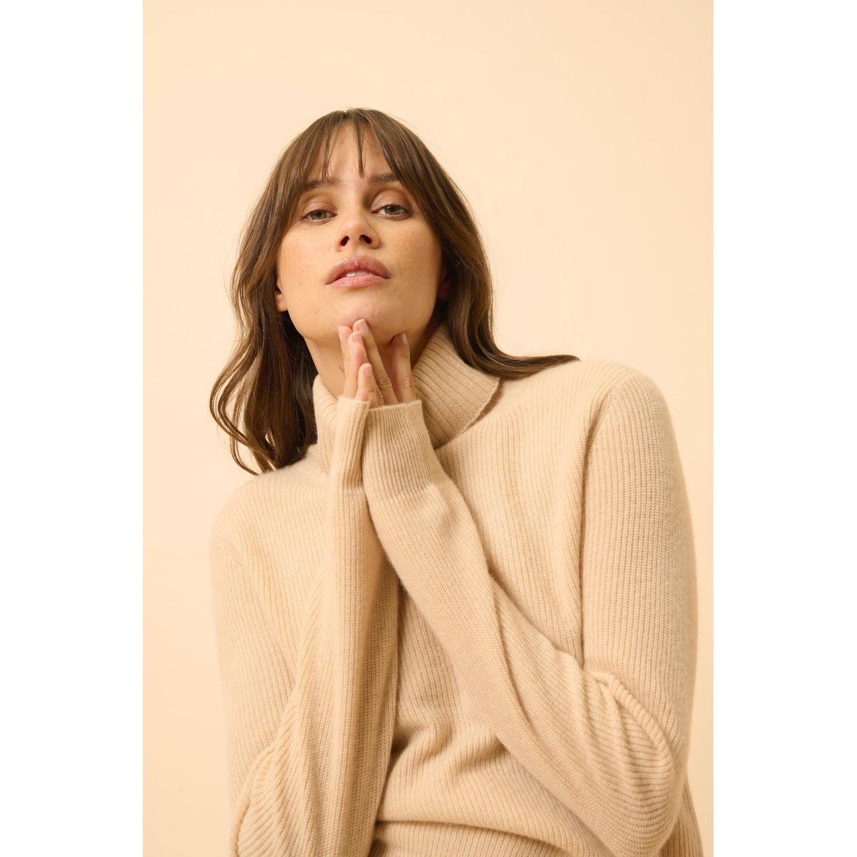 Pull Col Roulé Sable Billy beige, JUST CASHMERE