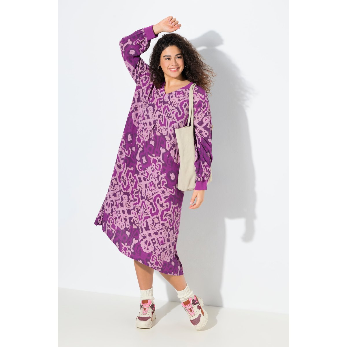 Robe évasée à col montant et manches longues prune clair, ULLA POPKEN