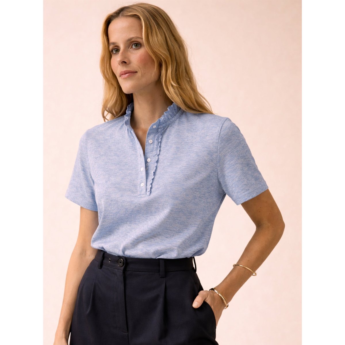 Polo maille piquée col volanté bleu chine, CYRILLUS