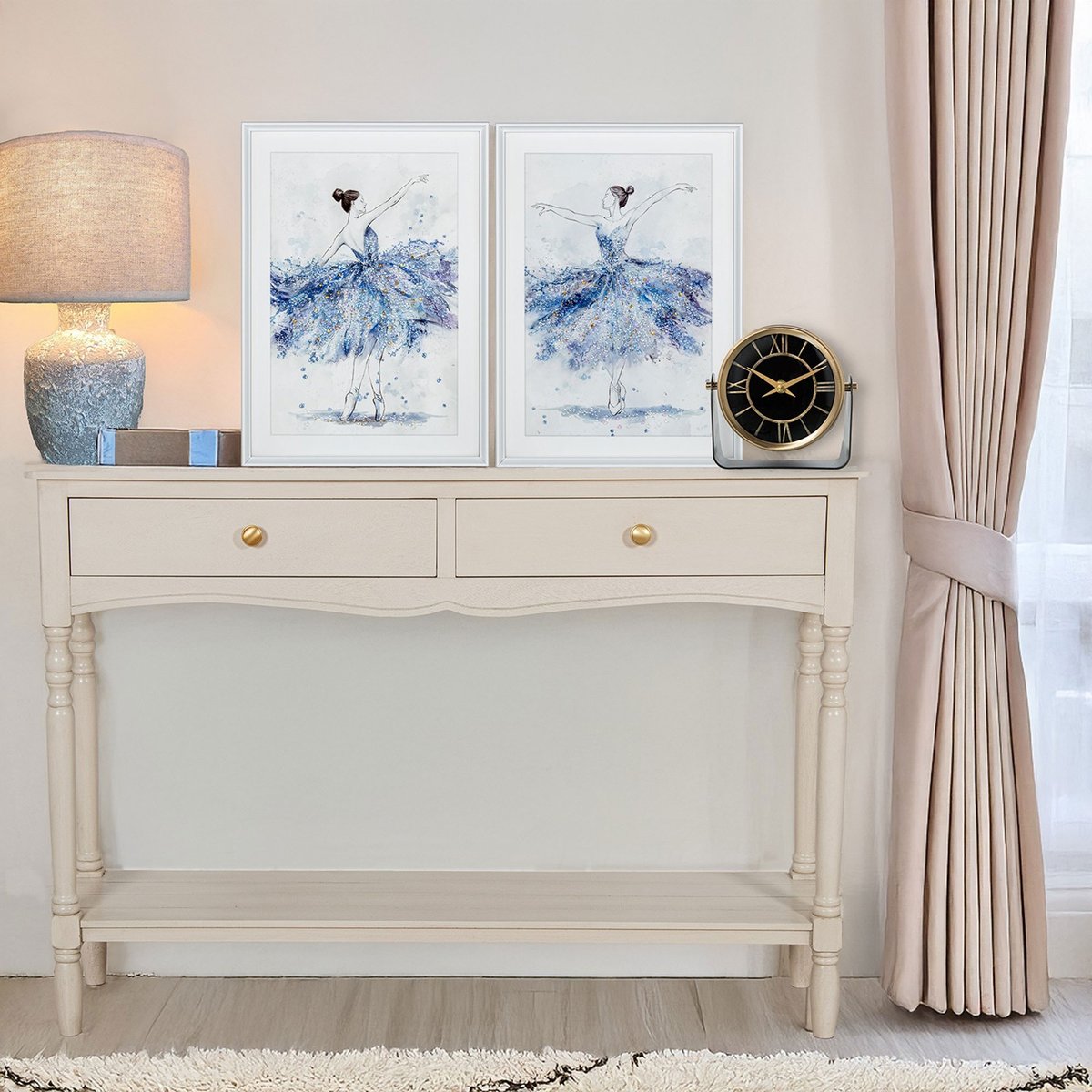 Console classique en bois blanc 2 tiroirs 110x28x75cm blanc, WADIGA