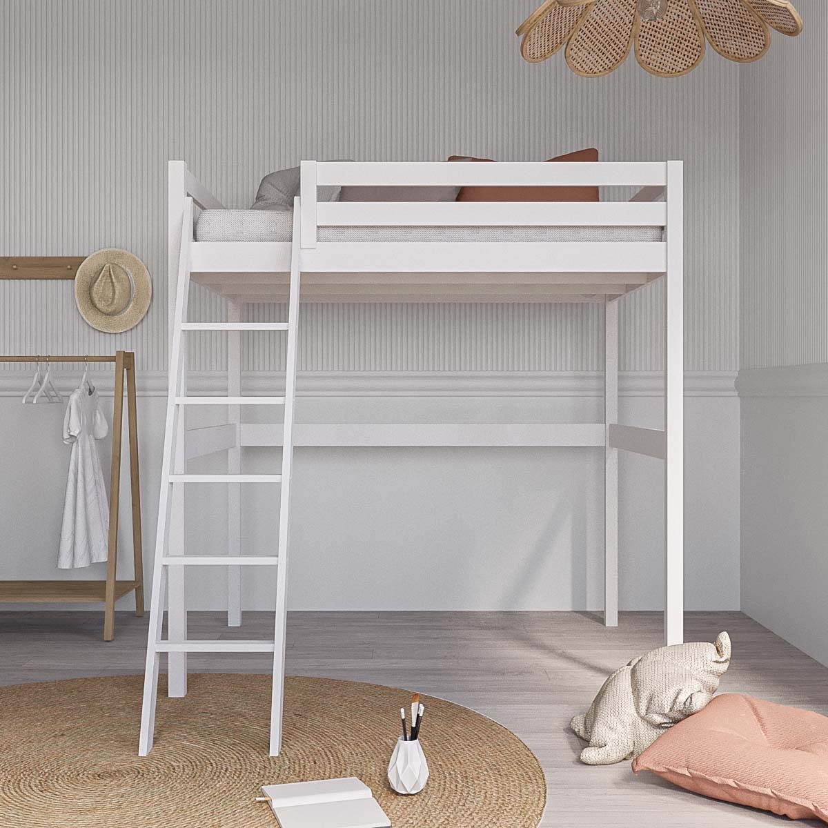 Pack lit mezzanine 2 places avec matelas Bois massif AARON blanc, AKITEN RETAIL
