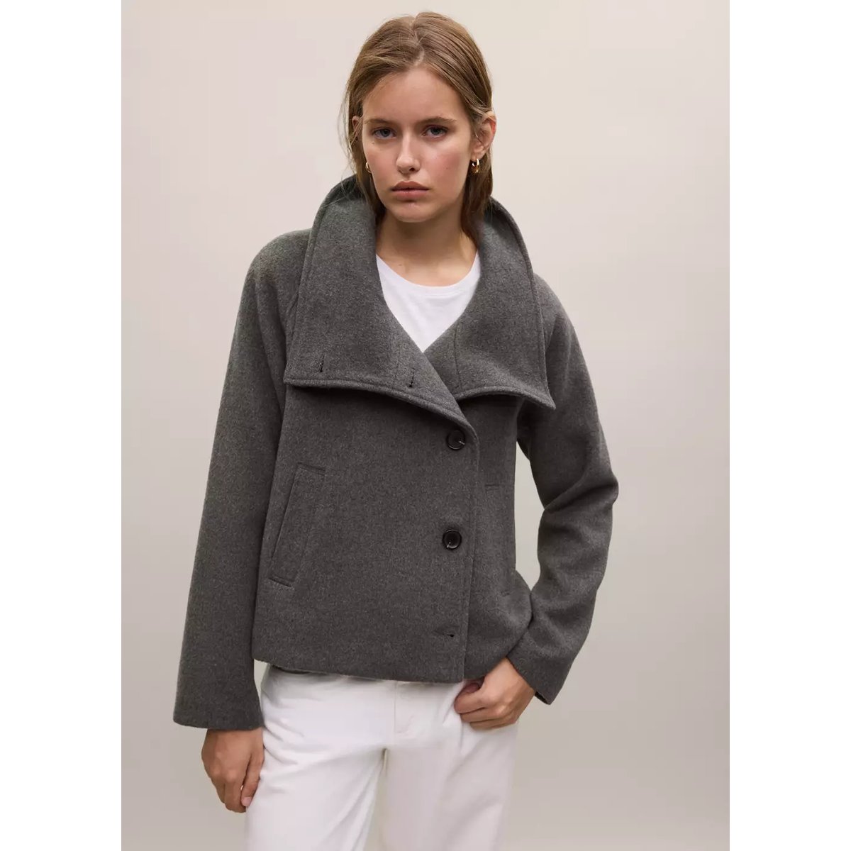 Manteau en laine à col cheminée gris chiné foncé, MANGO TEEN