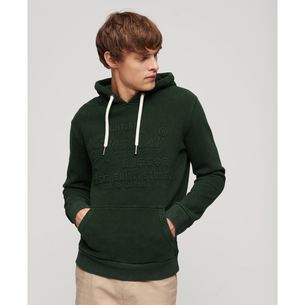 Sweat à capuche et logo vintage en relief vert émail, SUPERDRY