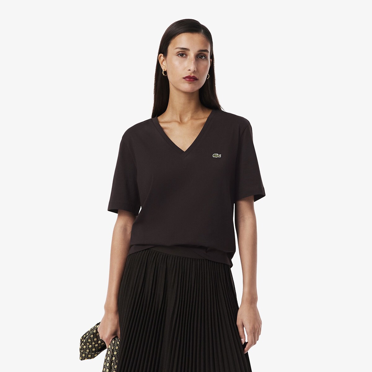 T-shirt relaxed fit coton doux col V marron-3la, LACOSTE