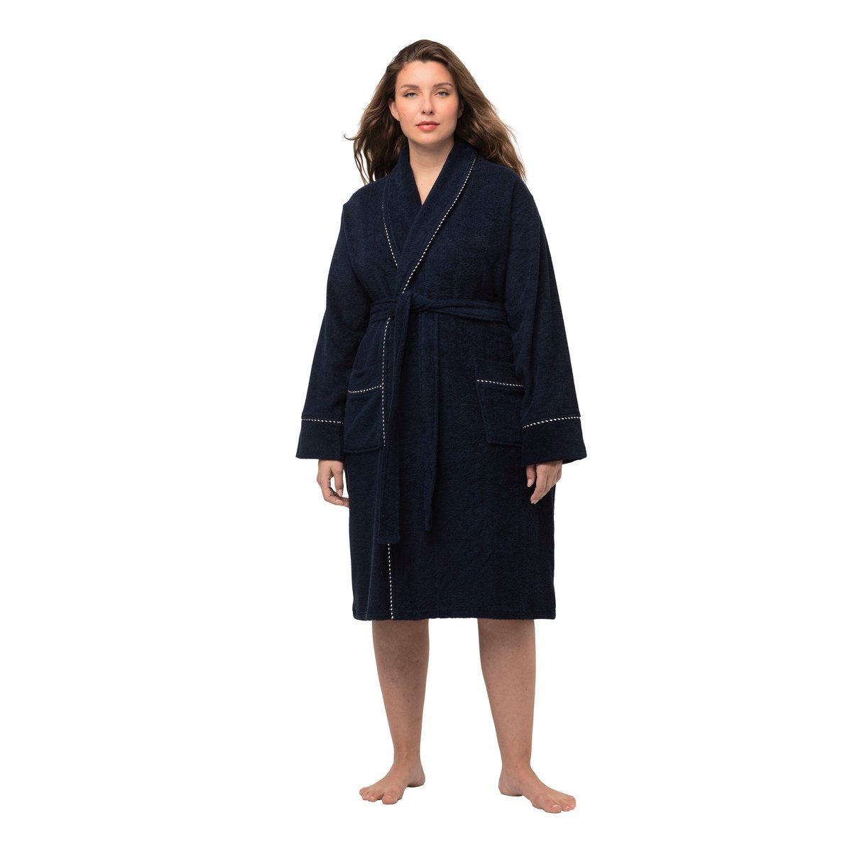 Peignoir en tissu éponge à col bleu nuit, ULLA POPKEN