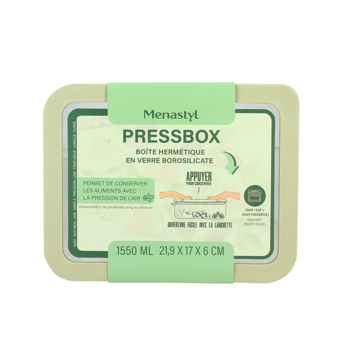 Boite hermétique rectangulaire en verre 1550ml, PRESSBOX céladon, MENASTYL