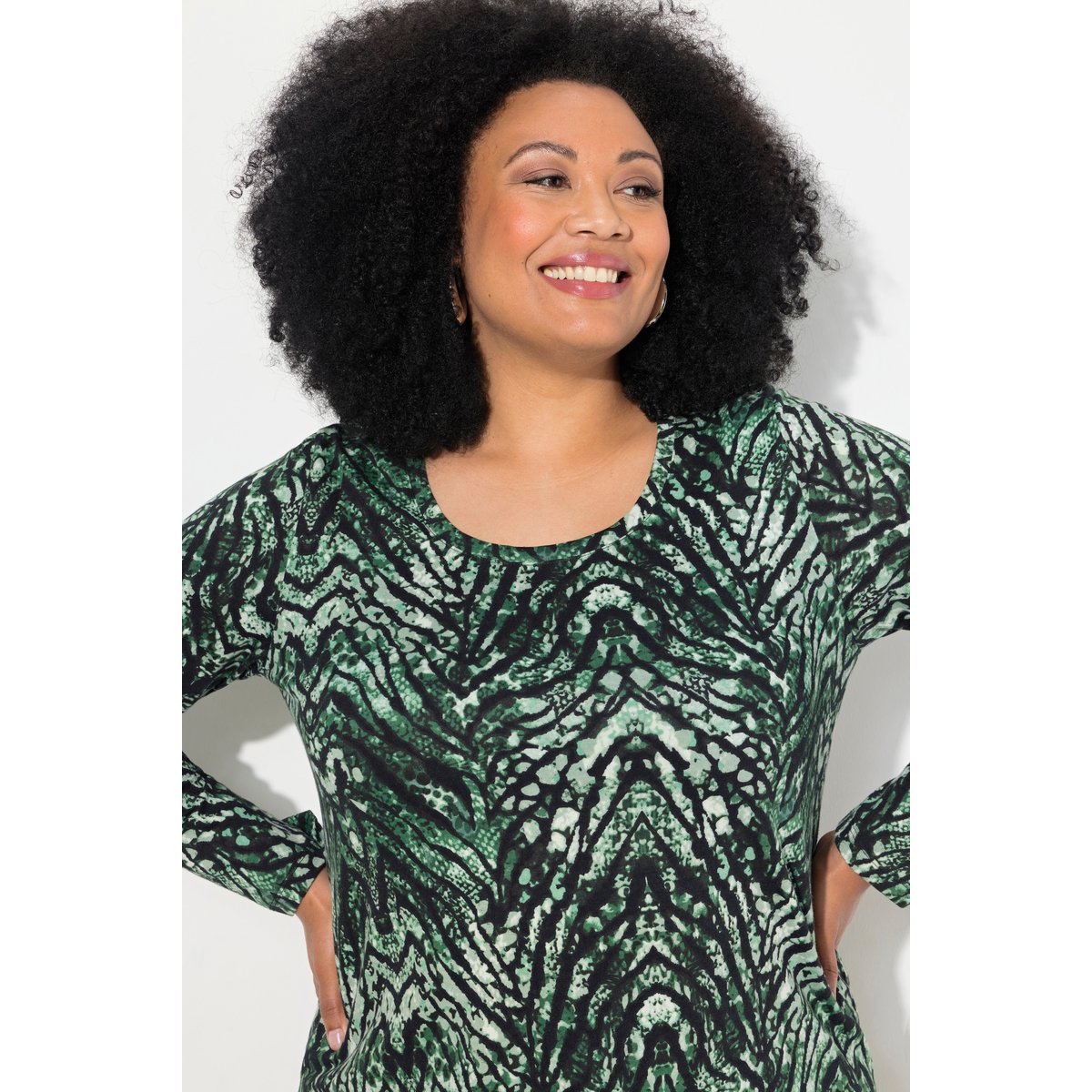 T-shirt long à col rond et manches longues vert, ULLA POPKEN