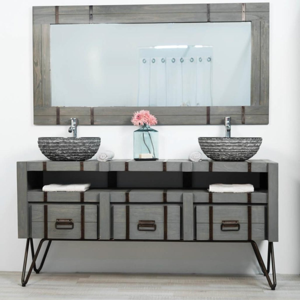 Meuble double de en métal et mindi rectangle 160 cm LOFT gris, WANDA COLLECTION