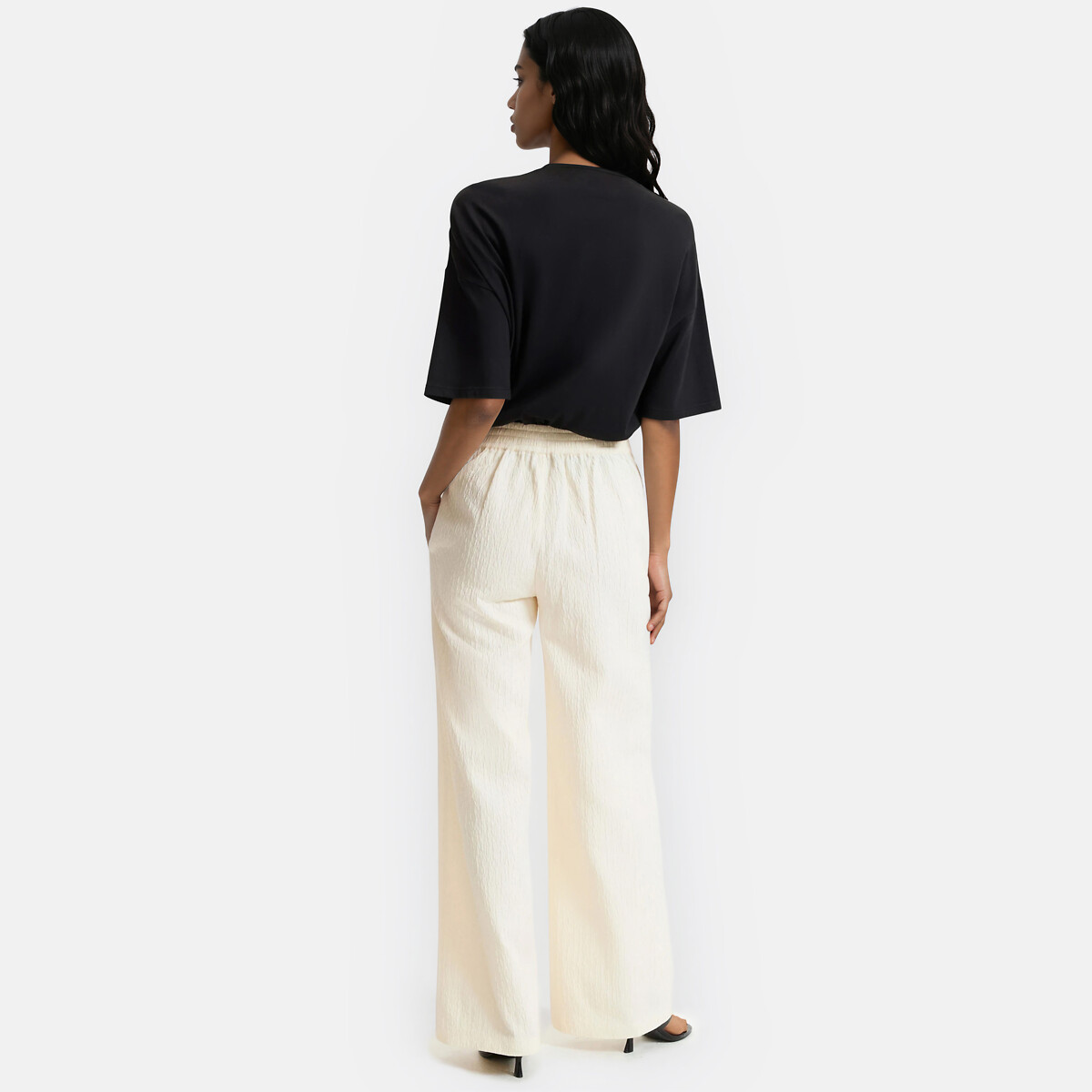 Pantalon large, tissu aspect crépon blanc cassé, LA REDOUTE COLLECTIONS