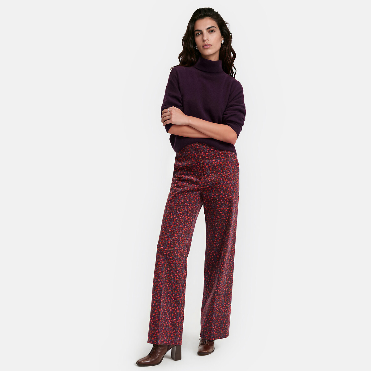 Pantalon large taille haute, en velours, imprimé floral imprimé fleurs fond marine, LA REDOUTE COLLECTIONS