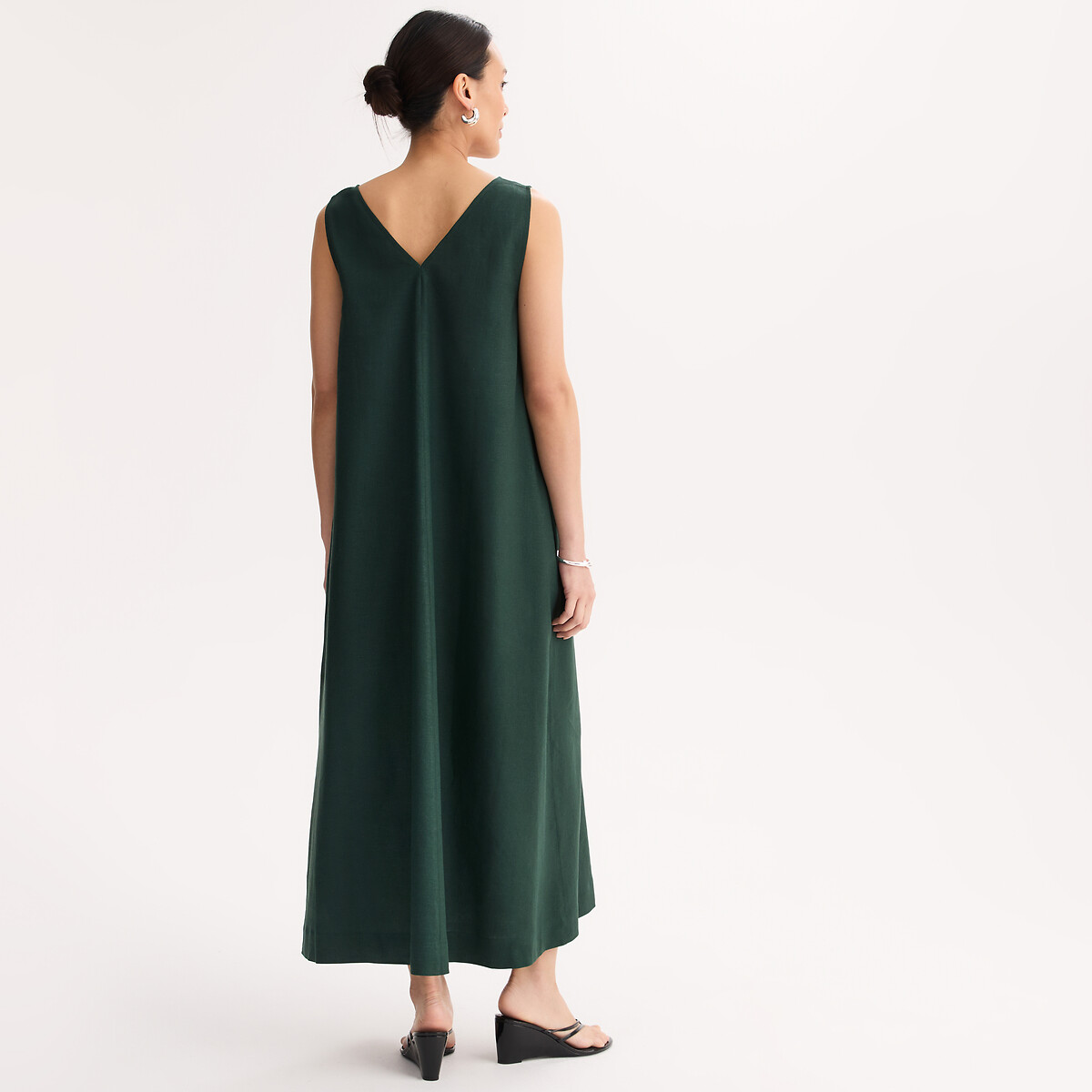 Robe sans manches longueur midi en lin et viscose vert foncé, ANNE WEYBURN
