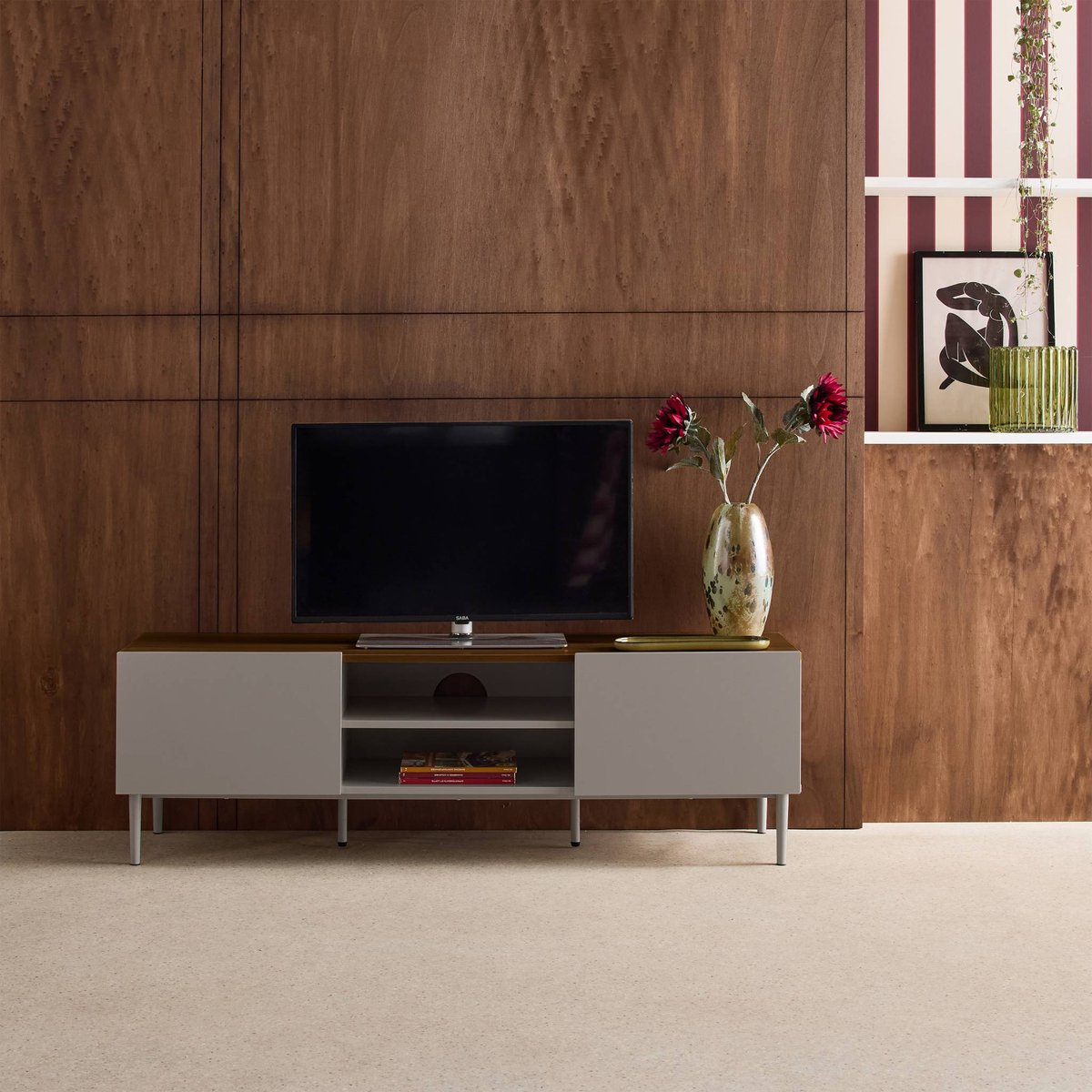Meuble TV décor bois piétement métal 2 portes 140cm ASHTON gris, SWEEEK
