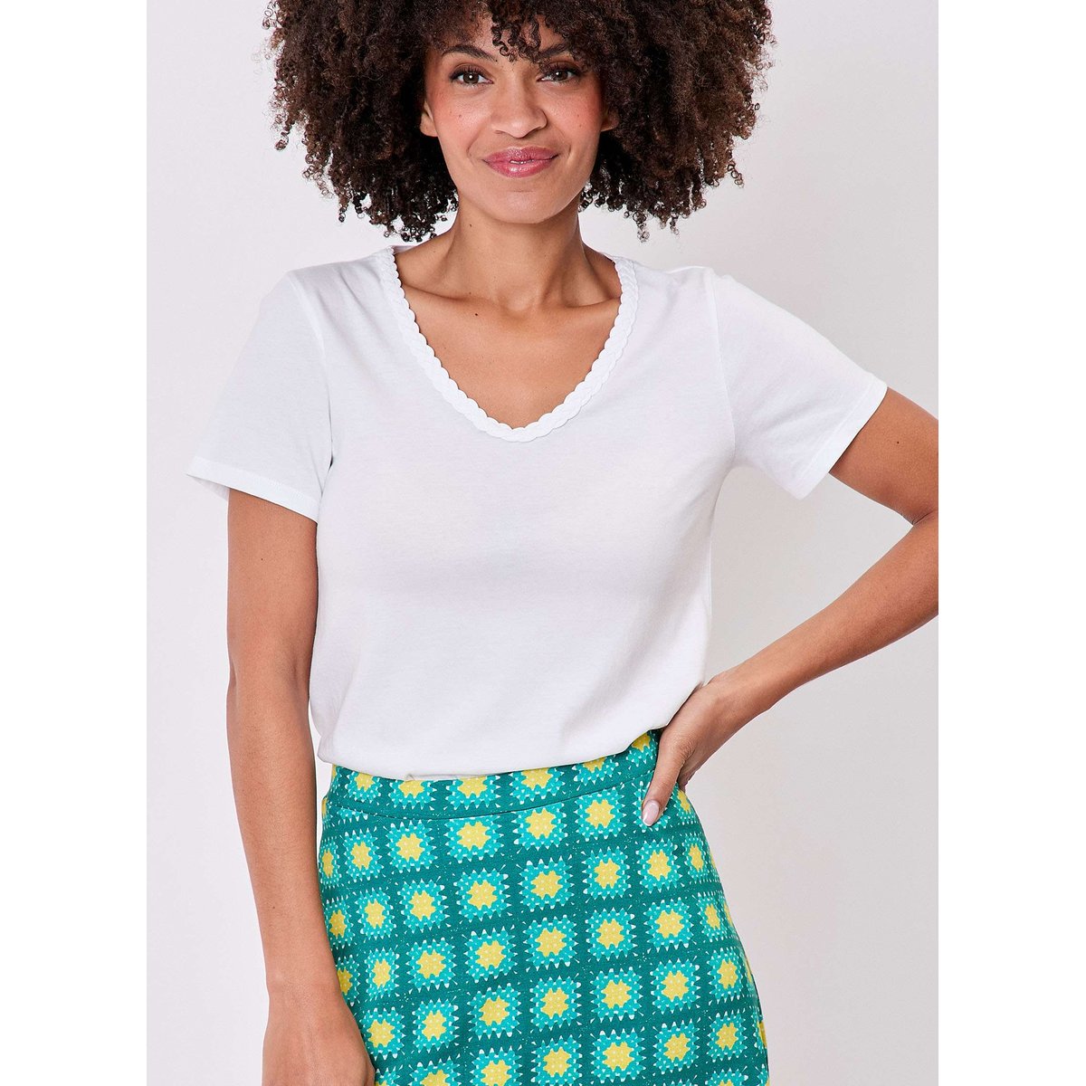 T-shirt coton bio uni col tressé EMON blanc, LA FIANCÉE