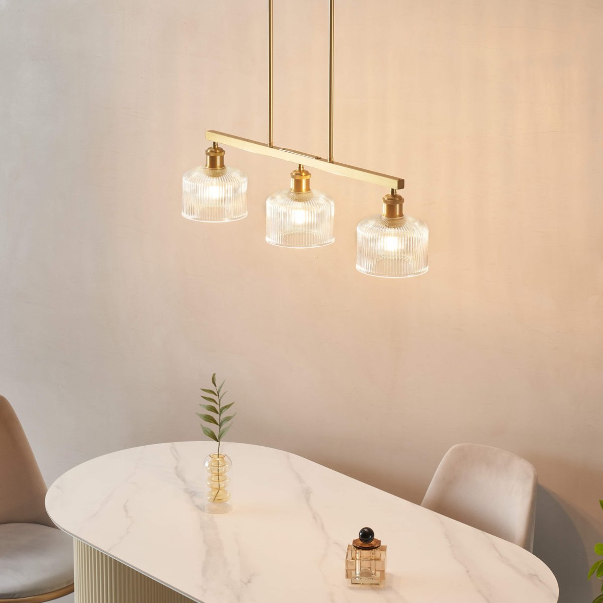 Suspension linéaire verre strié - AURÉLINE transparent et laiton, KOSILUM