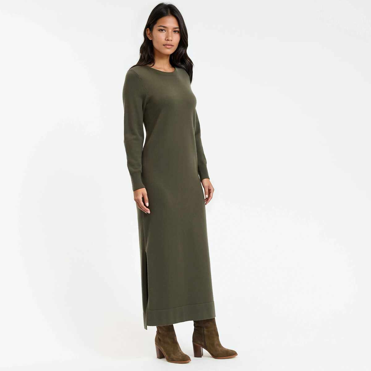 Robe pull, longue, manches longues vert kaki, LA REDOUTE COLLECTIONS
