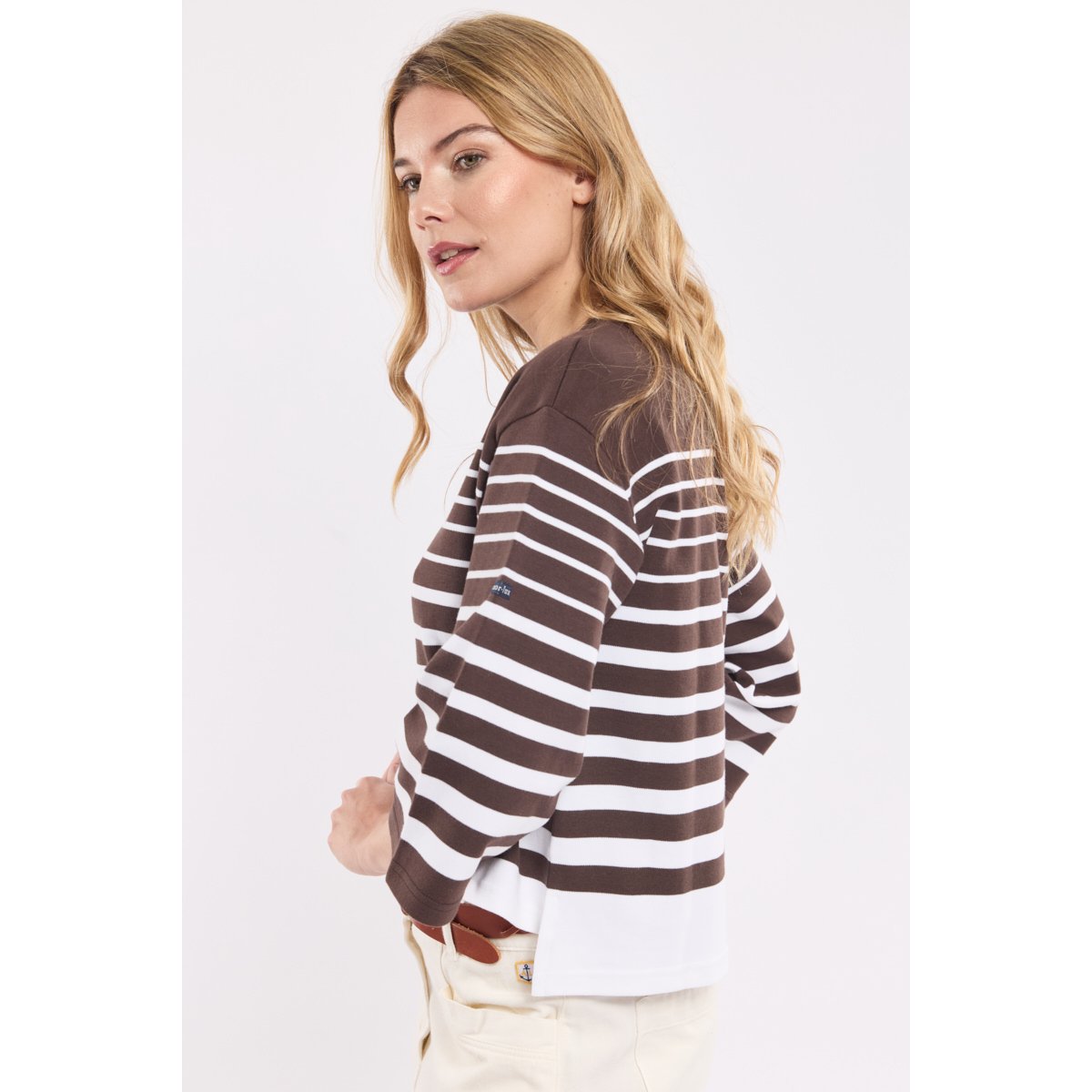 Marinière manches 3/4 en coton brown/blanc, ARMOR-LUX