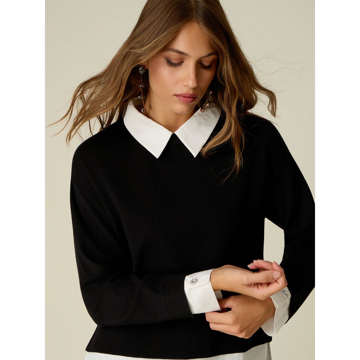 Pull avec col et poignets chemise noir, OLTRE