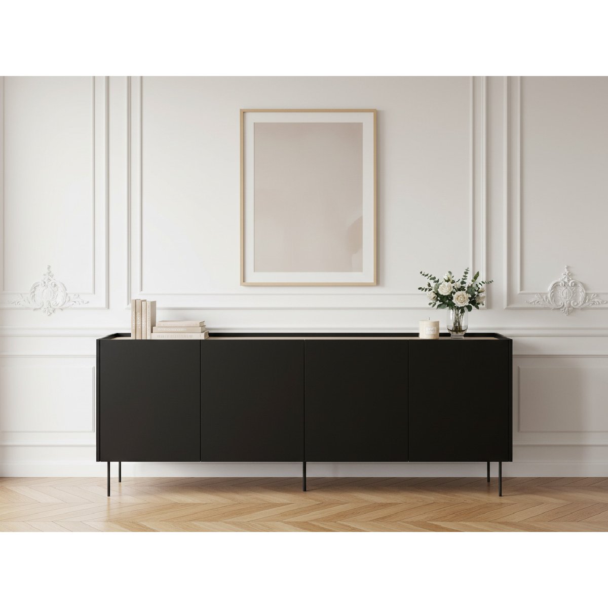 Buffet bas en panneaux de particules 4 portes 220 cm, ATLAS noir, BOBOCHIC