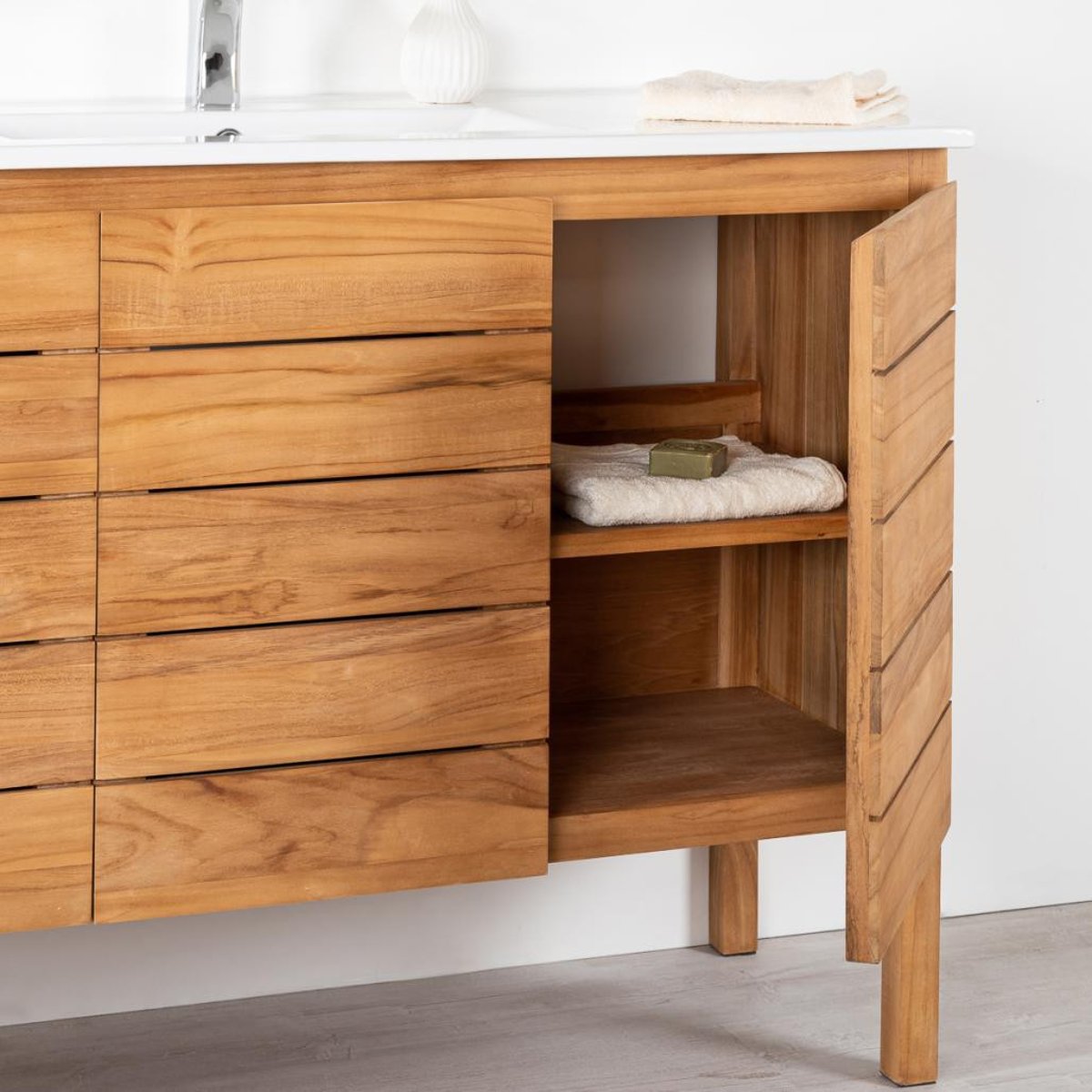 Meuble salle de bain en teck massif et céramique solo 120 cm ANANTA blanc, WANDA COLLECTION