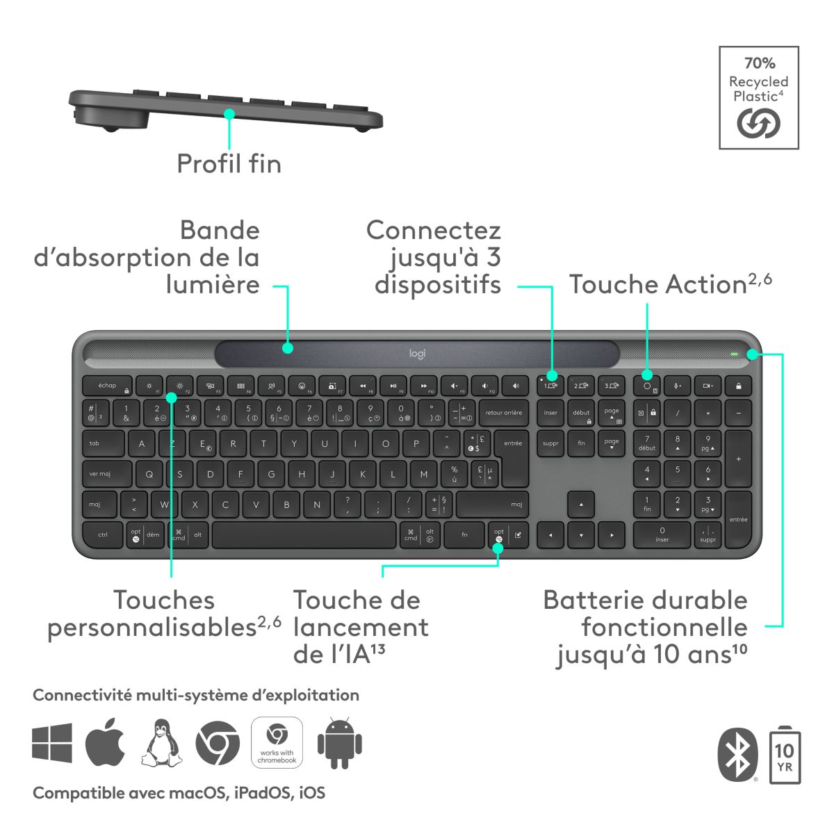Clavier sans fil Signature Slim Solar+ couleur unique, LOGITECH
