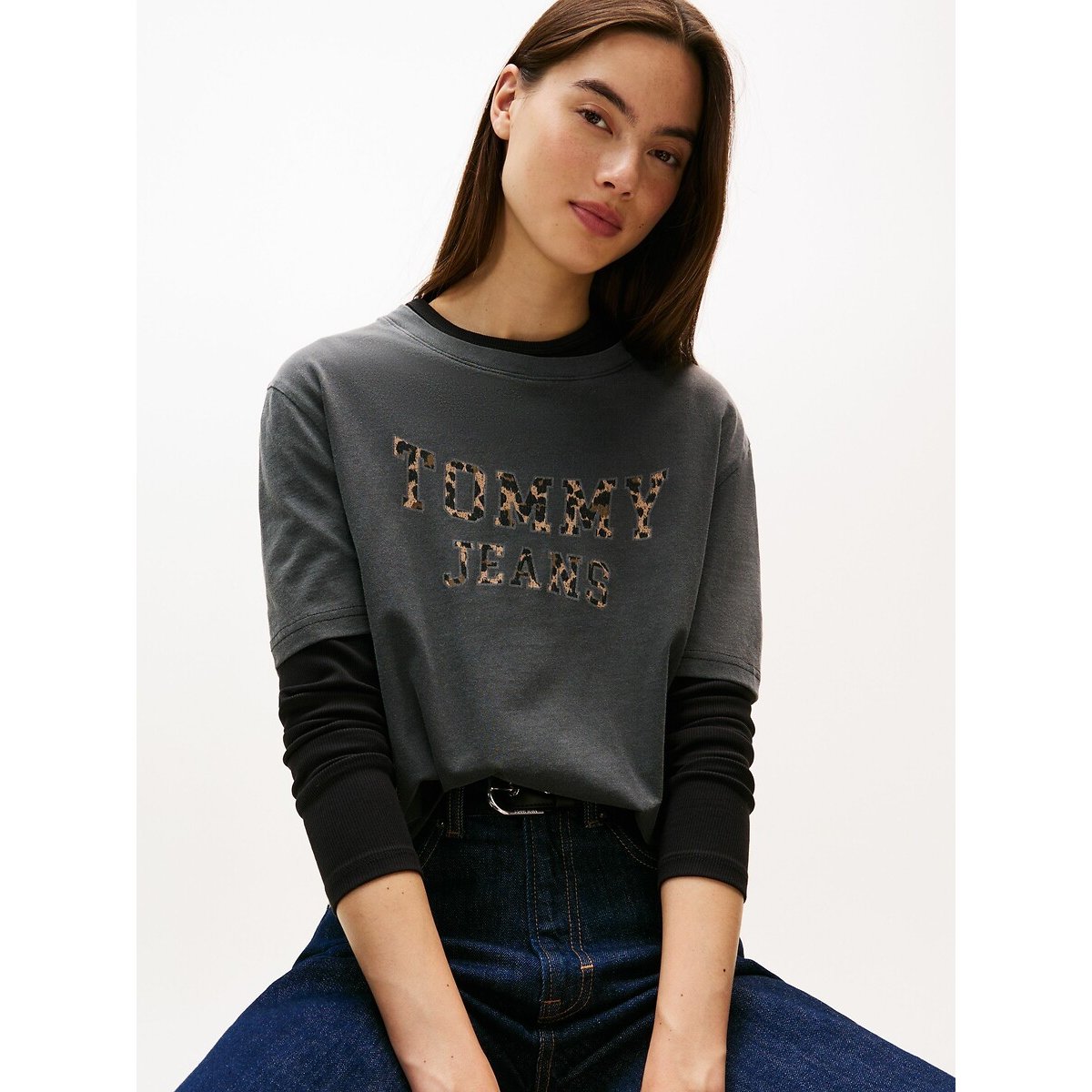 Crew Neck T-Shirt with Short Sleeves black/leopard print, TOMMY JEANS