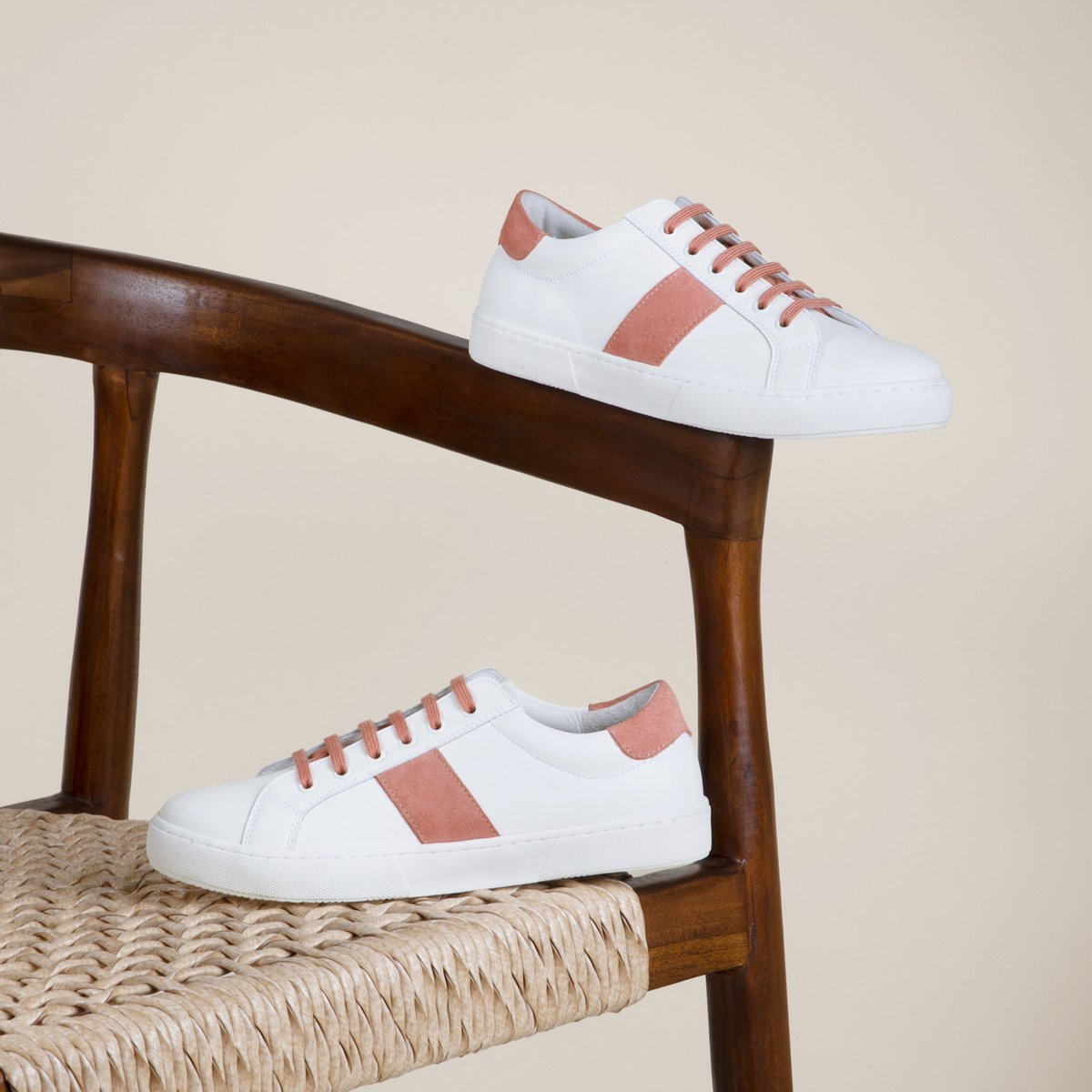 Tennis lacet Victoire cuir blanc/rose, JULES & JENN
