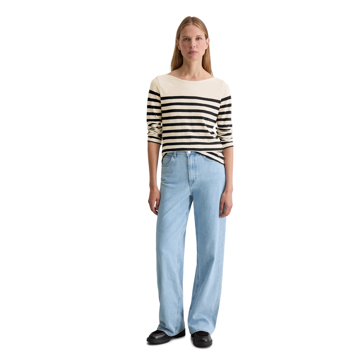 T-shirt à rayures longues régulier en jersey slub bleu foncé, MARC O'POLO