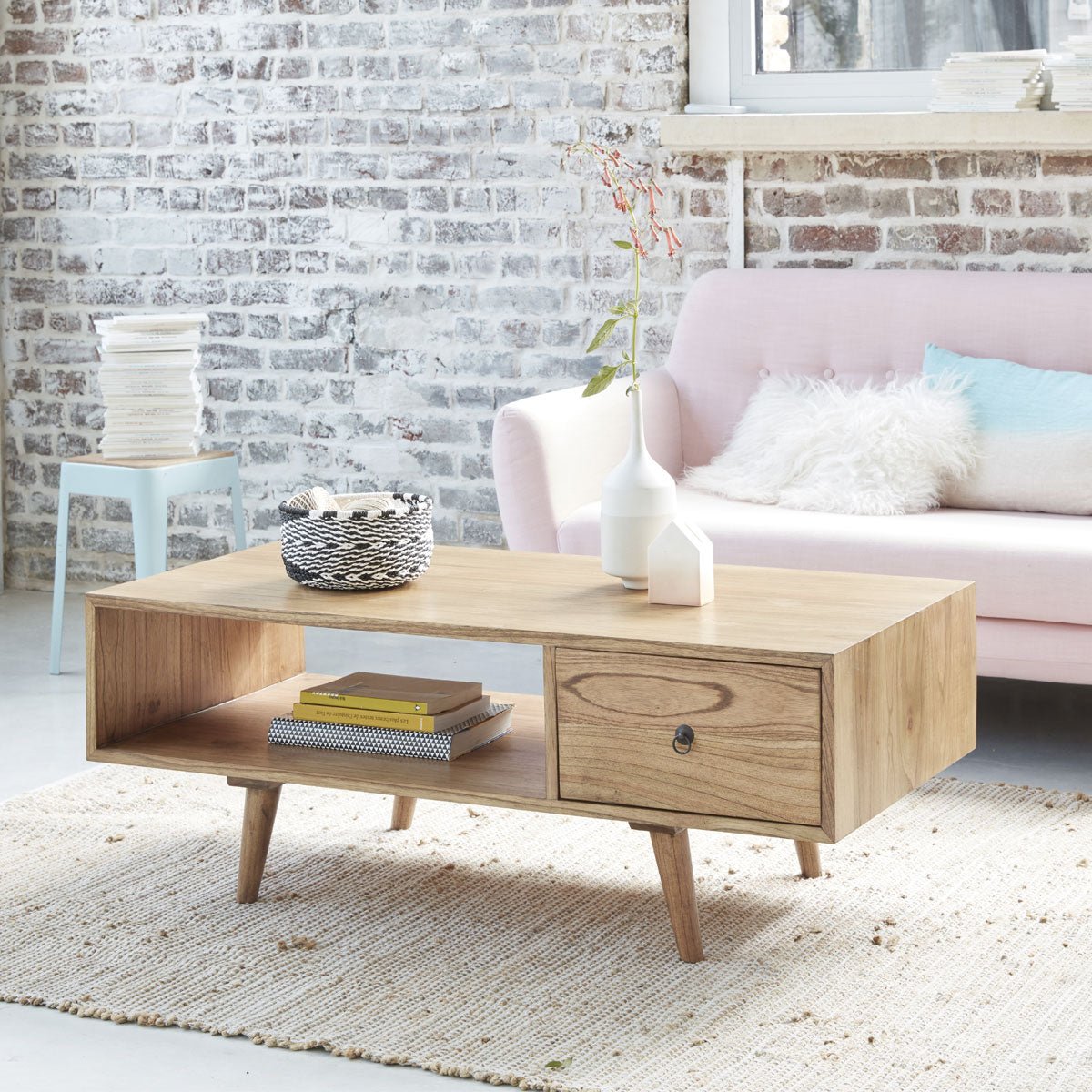 Table basse en bois massif 120 cm 1 tiroir  OSCAR naturel, BERAH GETAH