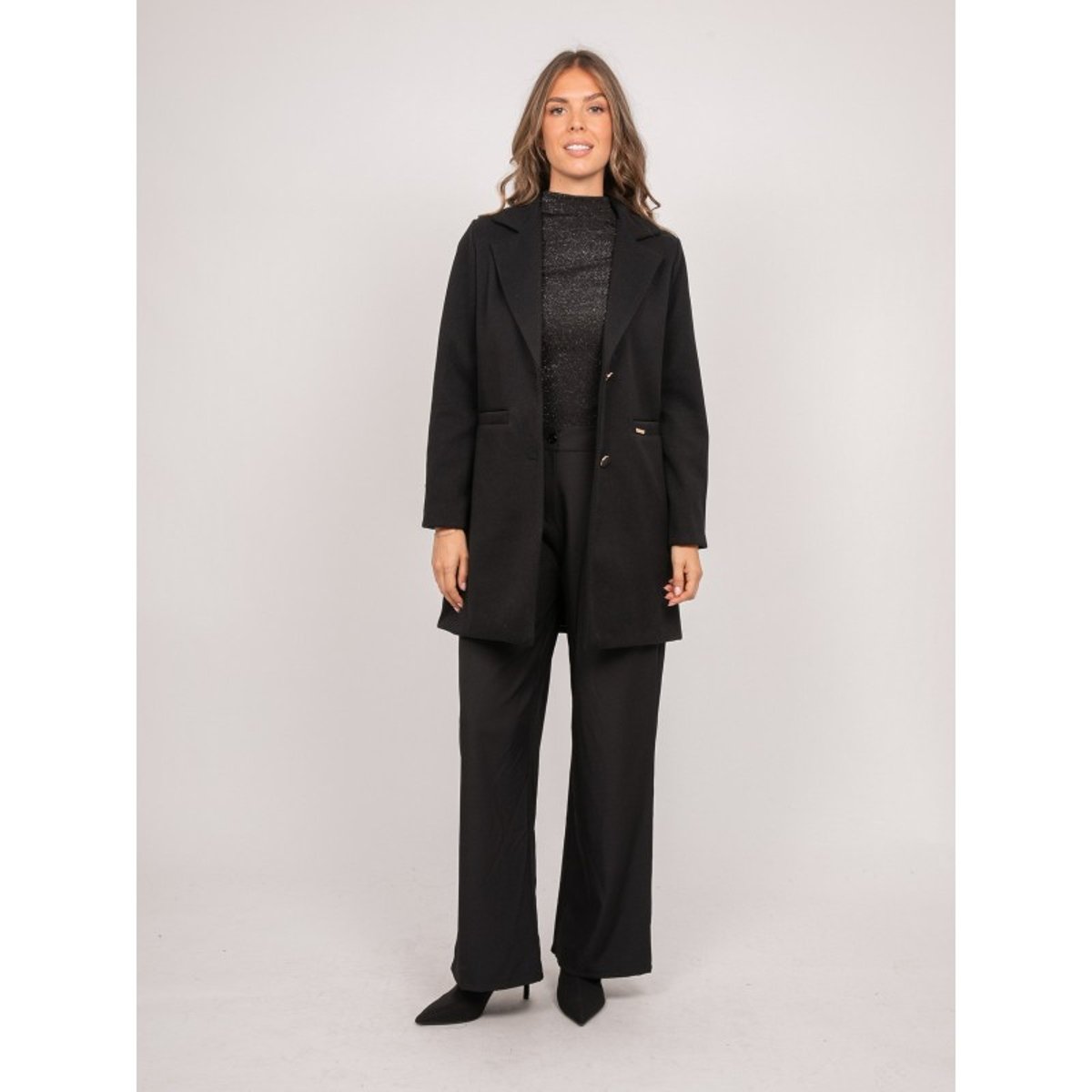 Manteau Mi-long Col Tailleur Boutons Dorés Ultema noir, DONA LISA