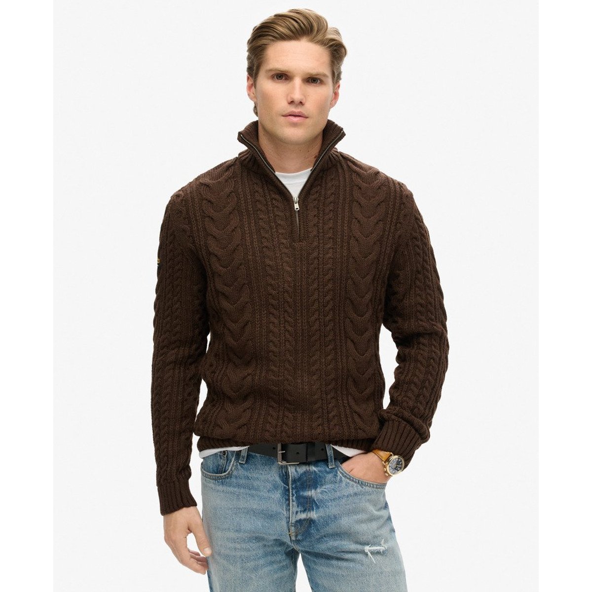Pull en maille torsadée à col camionneur Vintage Jacob marron chocolat grillé, SUPERDRY