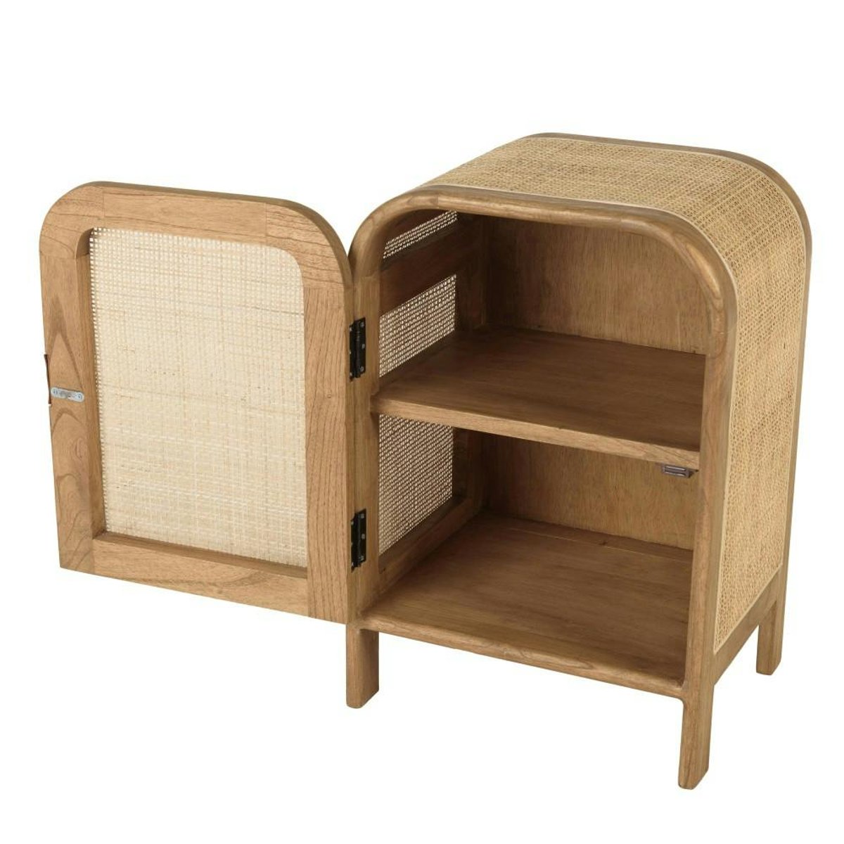 Chevet forme arrondie mindi et rotin naturel 1 porte 1 étagère TIVARO bois naturel, PIER IMPORT