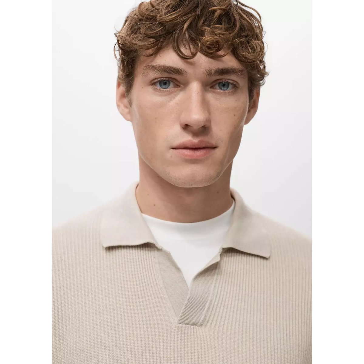 Pull-over polo coton mélangé maille côtelée beige, MANGO MAN