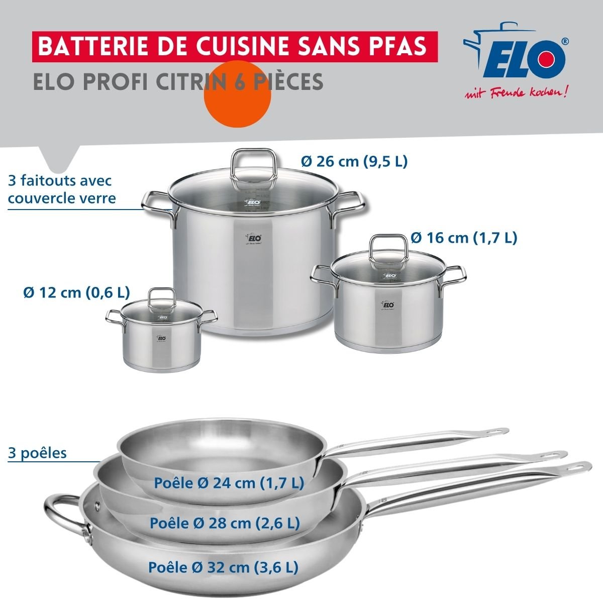 3 poêles 24/28/32cm + 3 faitouts 12/16/26cm PROFI CITRIN gris, ELO