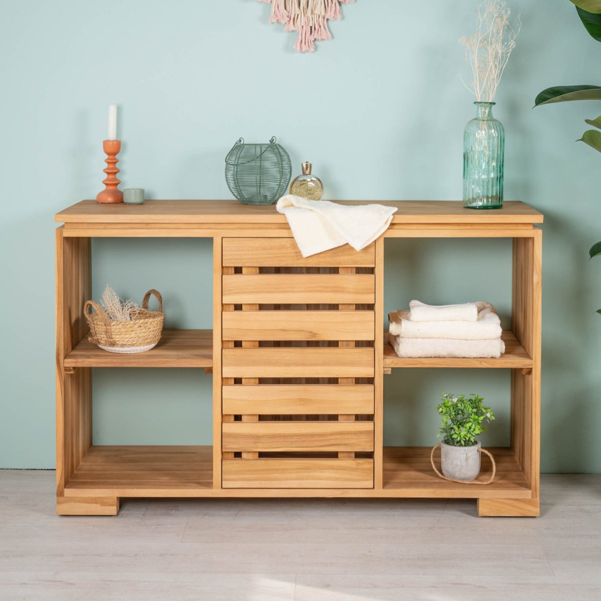 Meuble sous vasque en teck massif rectangle 120 cm naturel, WANDA COLLECTION