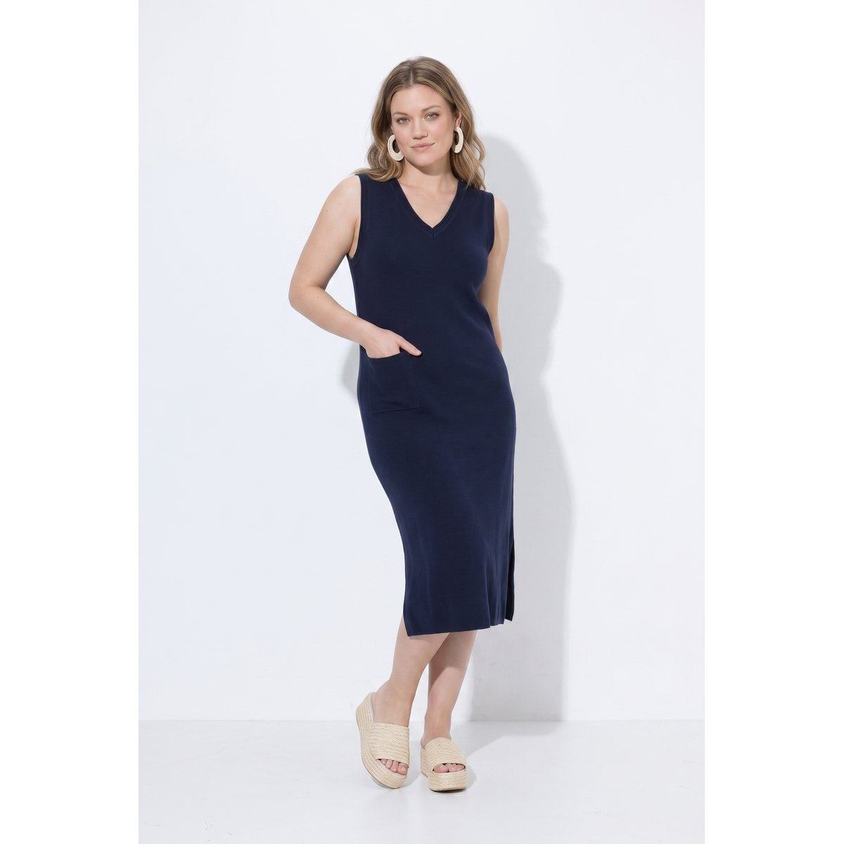 Robe en maille sans manches, bords roulottés marine, ULLA POPKEN