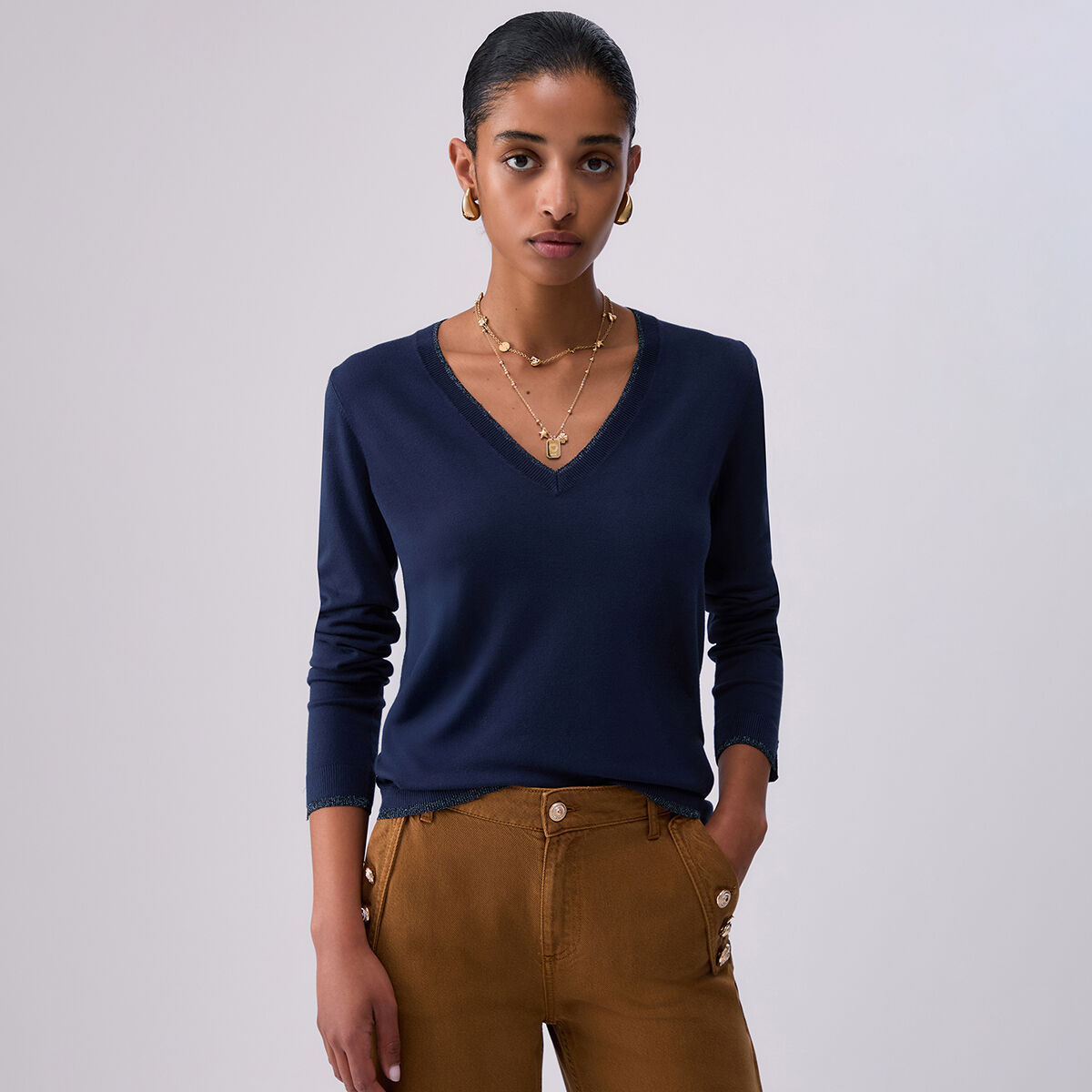 Pull à encolure en V bleu marine, LIU JO