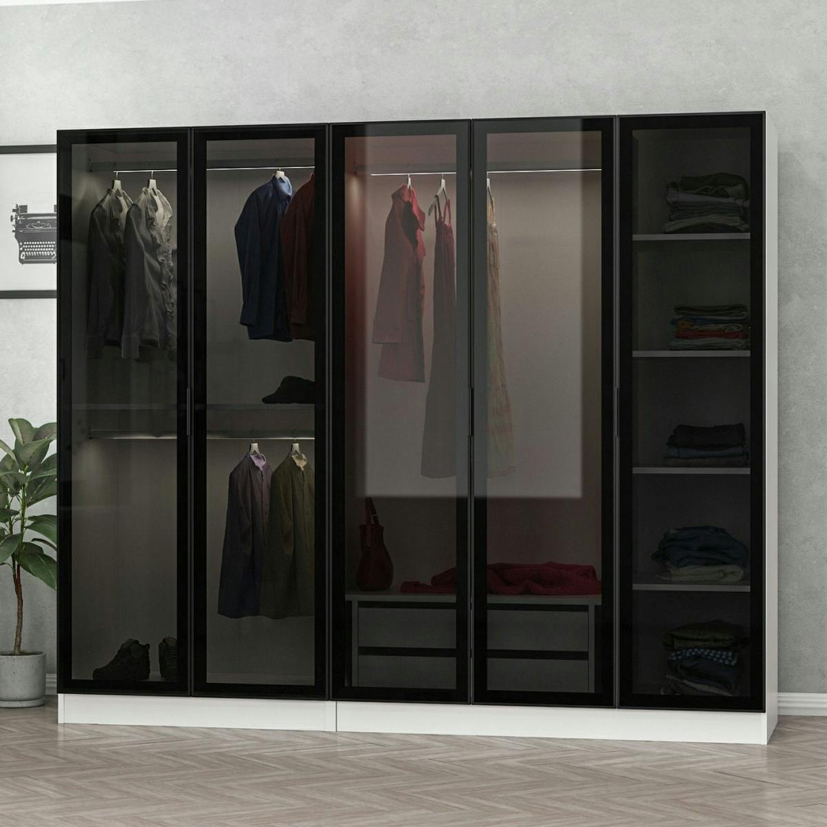 Armoire penderie blanche 5 portes verre 2 tiroirs BYRON blanc, PIER IMPORT