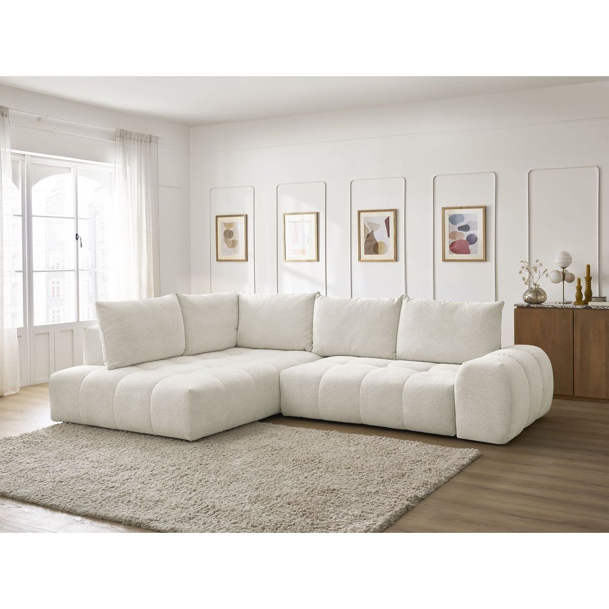 Canapé d'angle convertible 3 places en tissu chiné, EVEREST blanc, BOBOCHIC