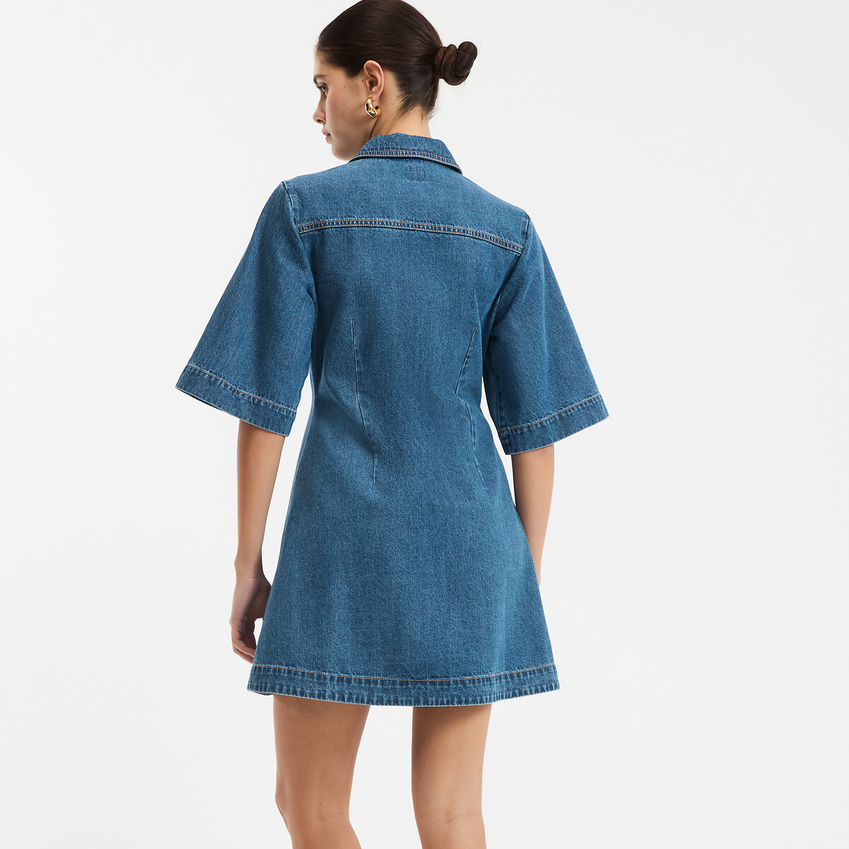 Robe évasée en denim, courte, manches courtes, pressionnée devant denim stone, LA REDOUTE COLLECTIONS