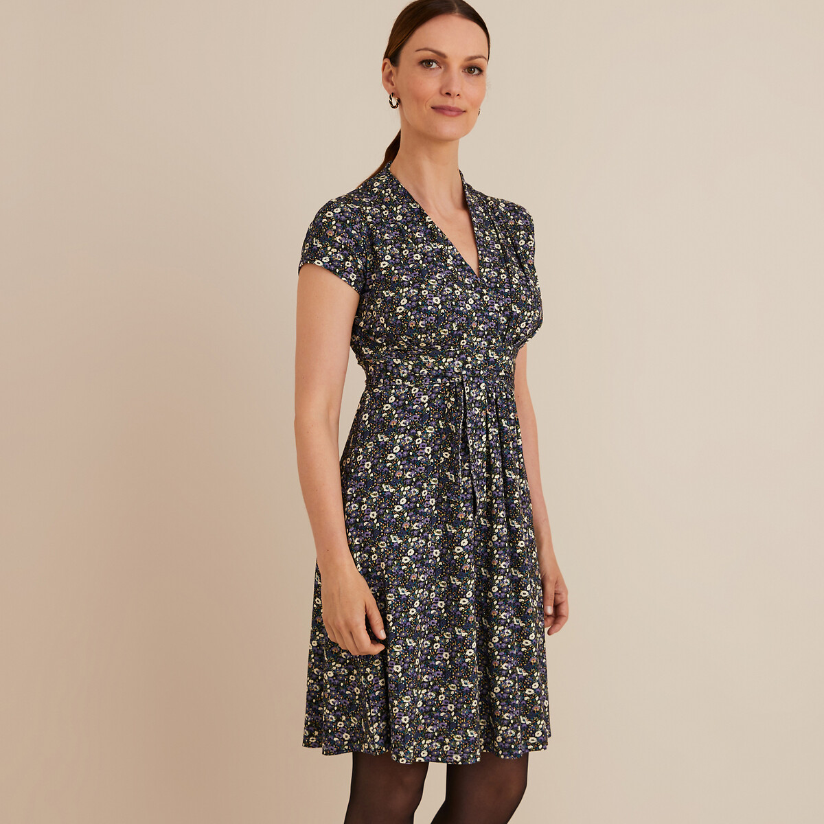 Full Mid-Length Dress in Floral Print floral print on a blue background , ANNE WEYBURN