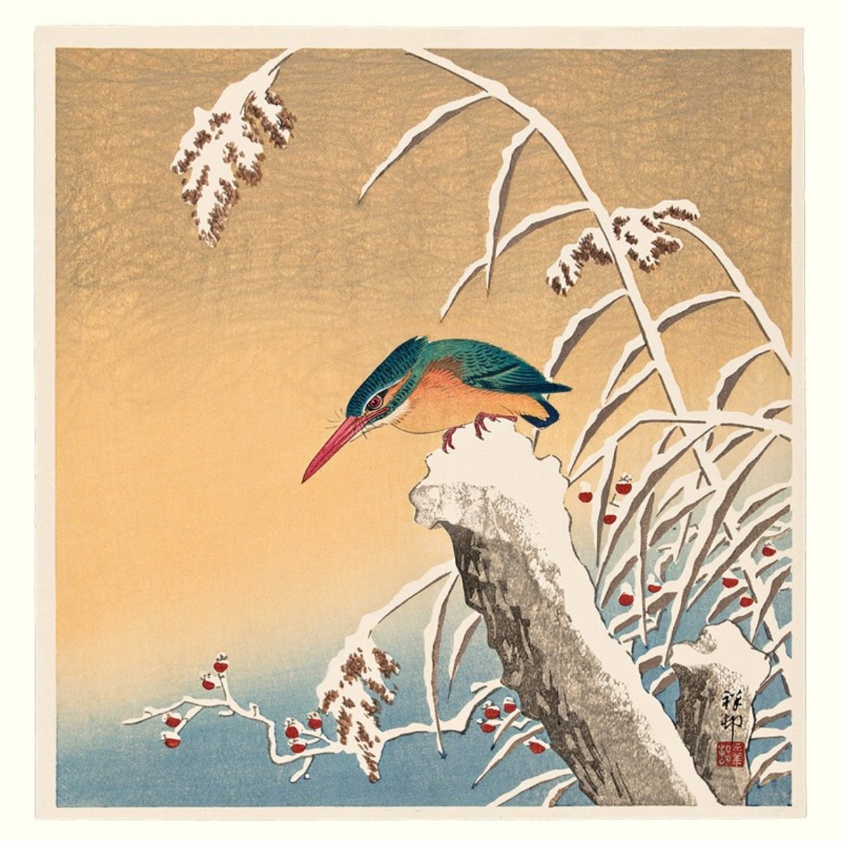 Affiche japonaise oiseau Ohara Koson Kingfisher multicolore, THE DYBDAHL CO