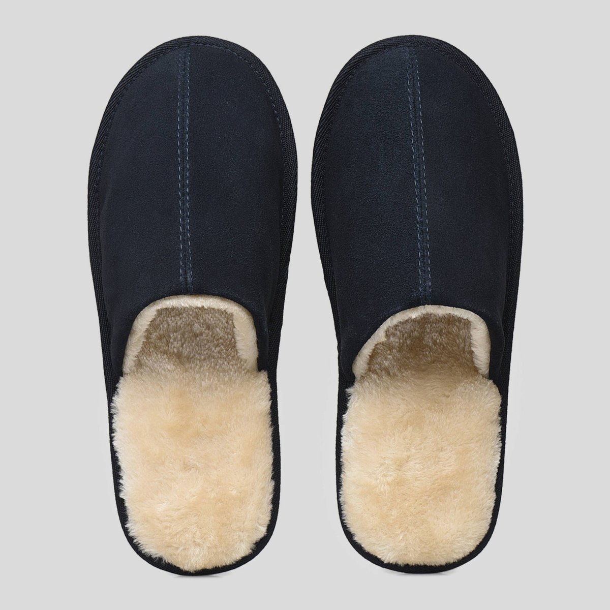 Mules fourrées en cuir suede marine, MONOPRIX
