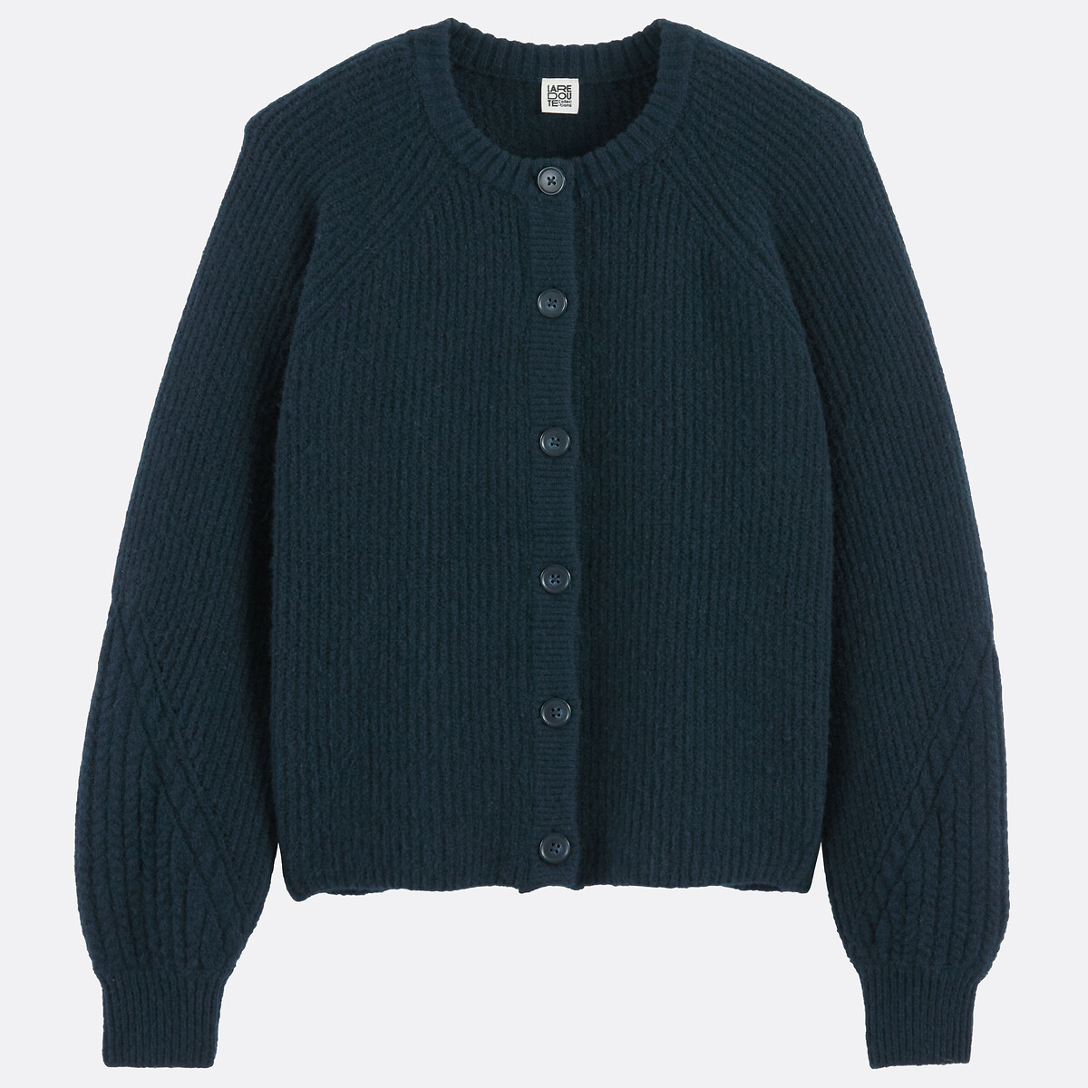 Cardigan col rond, en maille côtelée, avec détails au bas des manches bleu marine, LA REDOUTE COLLECTIONS