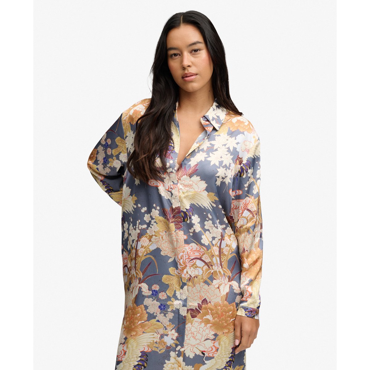 Robe Chemise Maxi Florale Satin coupe oversize daisenoki multifloral, SUPERDRY
