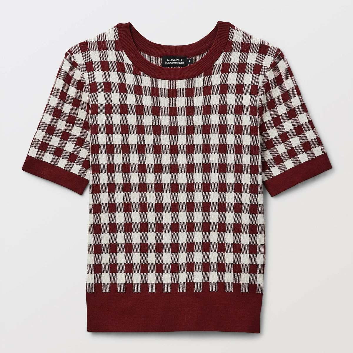 Pull manches courtes motif vichy cabernet, MONOPRIX