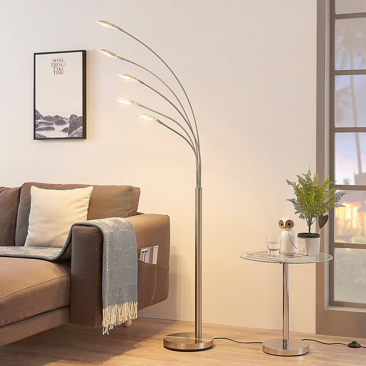 Lampadaire en métal moderneLED, Anea nickel mat, blanc givré, LINDBY