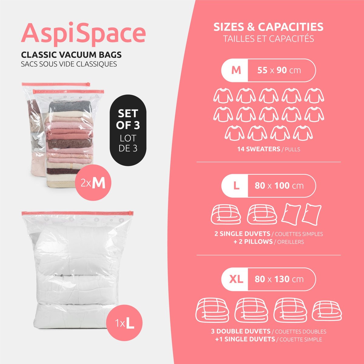 Lot de 3 sacs de rangement sous vide Aspispace 2 tailles+ 1 taille L transparent, COMPACTOR