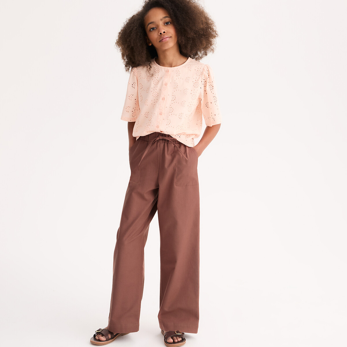 Pantalon à taille élastiquée, en coton/lin marron, LA REDOUTE COLLECTIONS